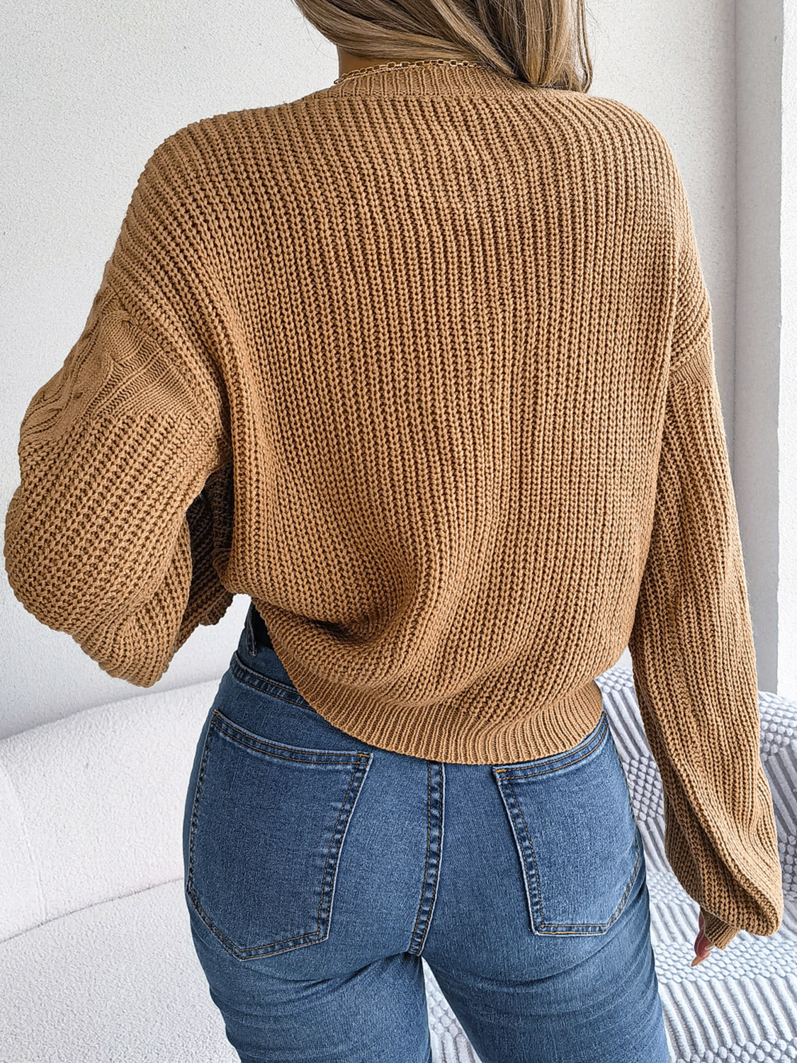 Cable-Knit Round Neck Drop Shoulder Sweater Trendsi