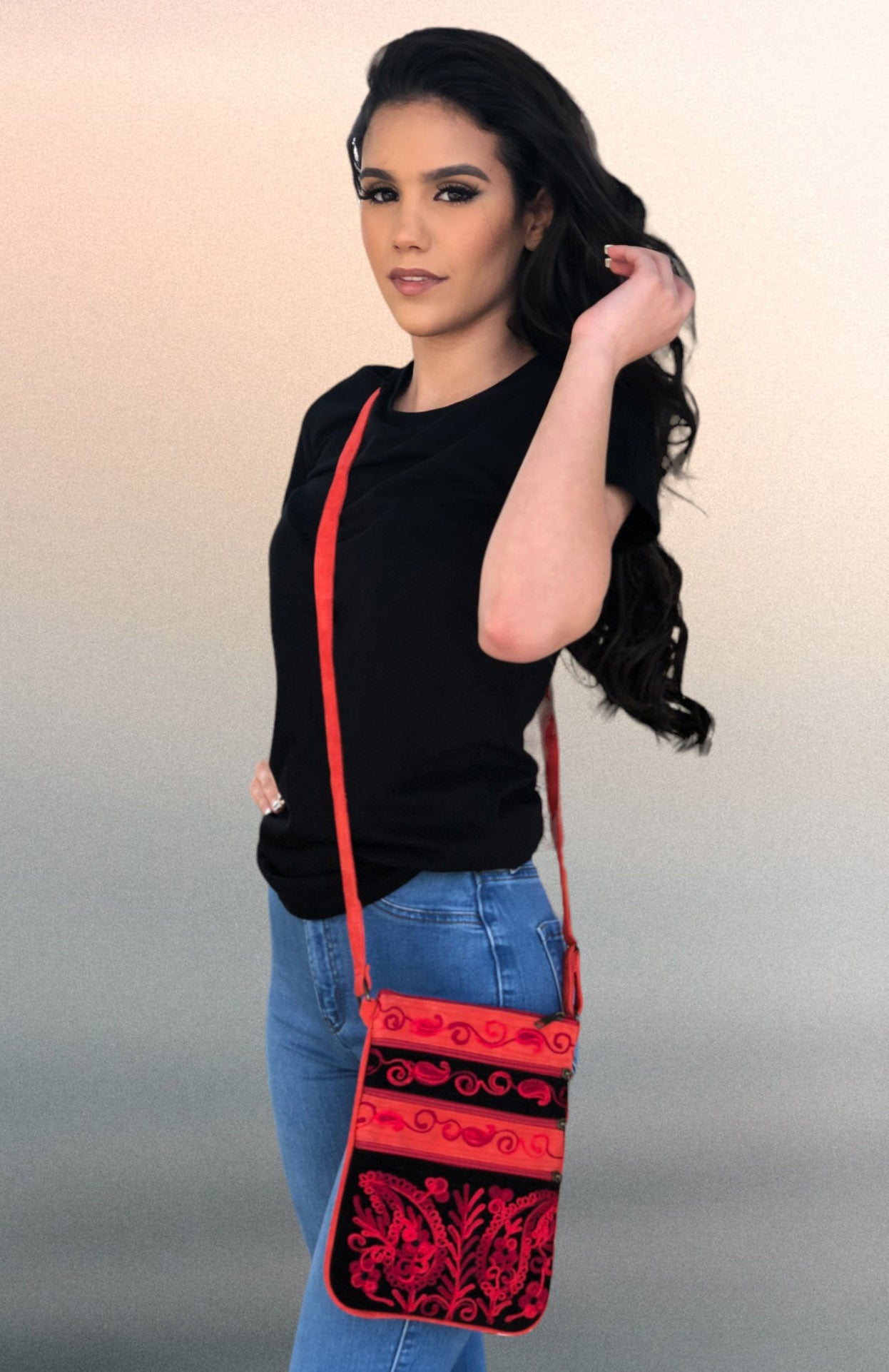 Suede Embroidered Black and Red Five Zipper Crossbody Bag Rose Poseidon