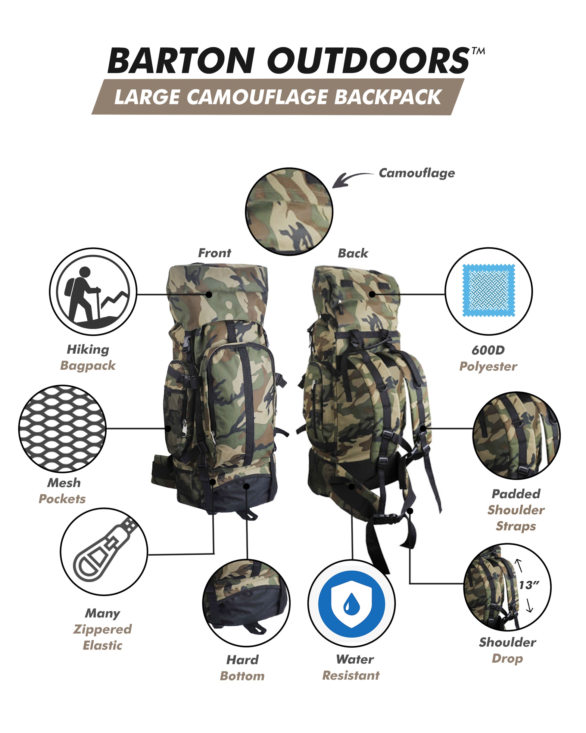 Camouflage 30" Hiking/Camping Water-Resistant Mountaineer's Backpack Lime Sycamore