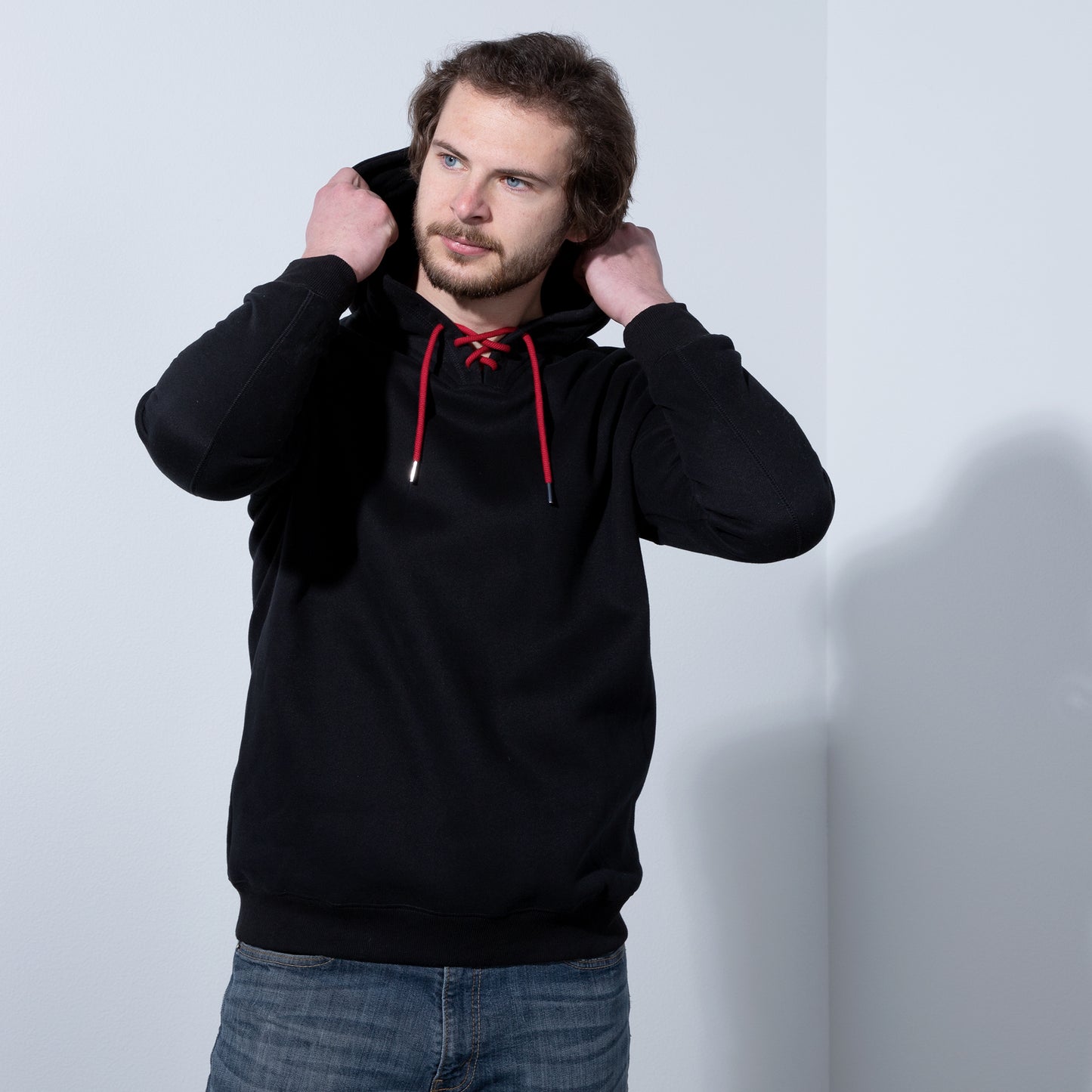 Black Hoodie with Colored drawstrings, Pullover casual sweatshirts Orange Ash