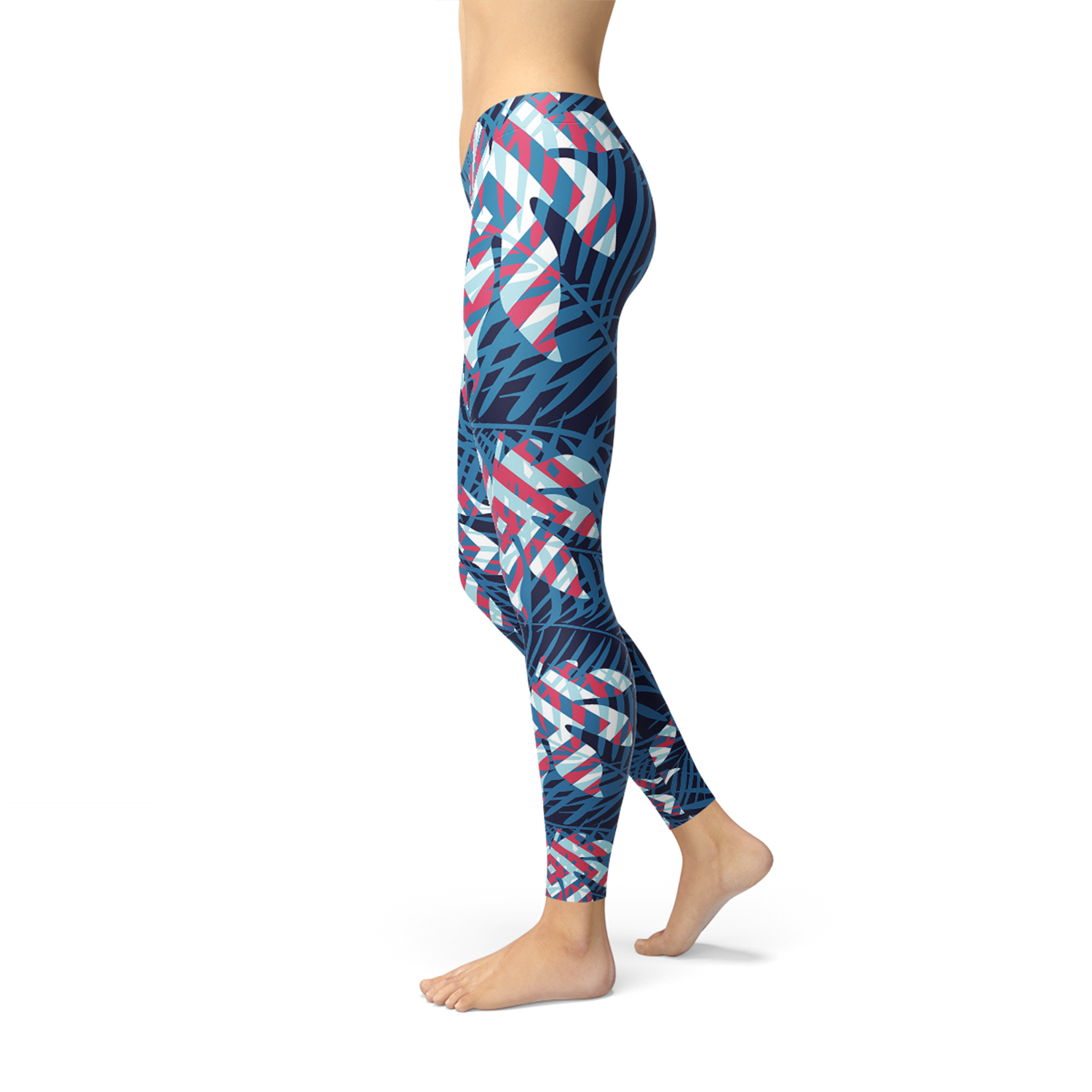 Blue Tropical Leaf Leggings for Women Maroon Sooty