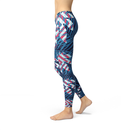 Blue Tropical Leaf Leggings for Women Maroon Sooty