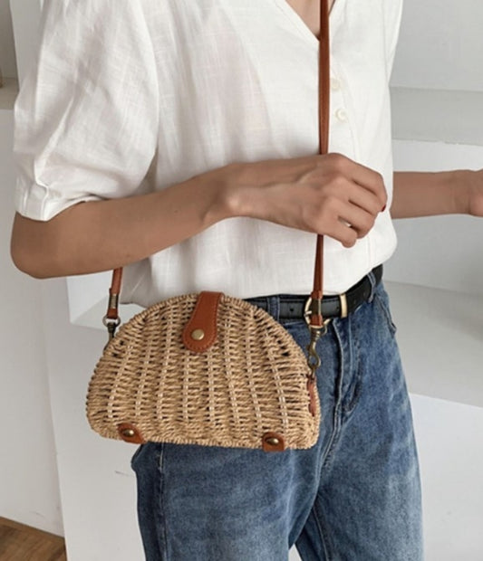 Casual Mini Oval Straw Crossbody Bag Yellow Pandora