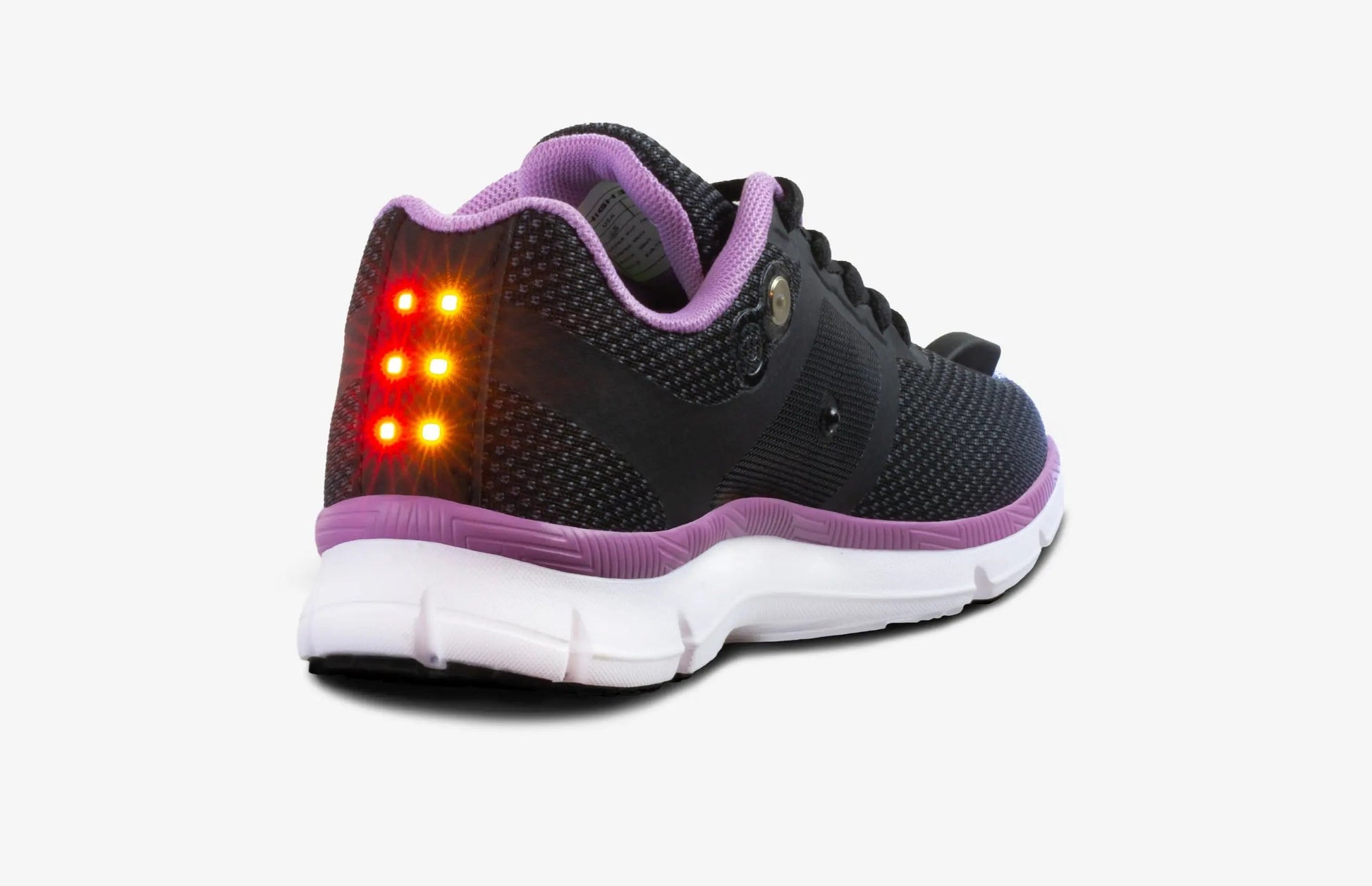 Women's night runner shoes with built-in rear safety lights, black and purple design.