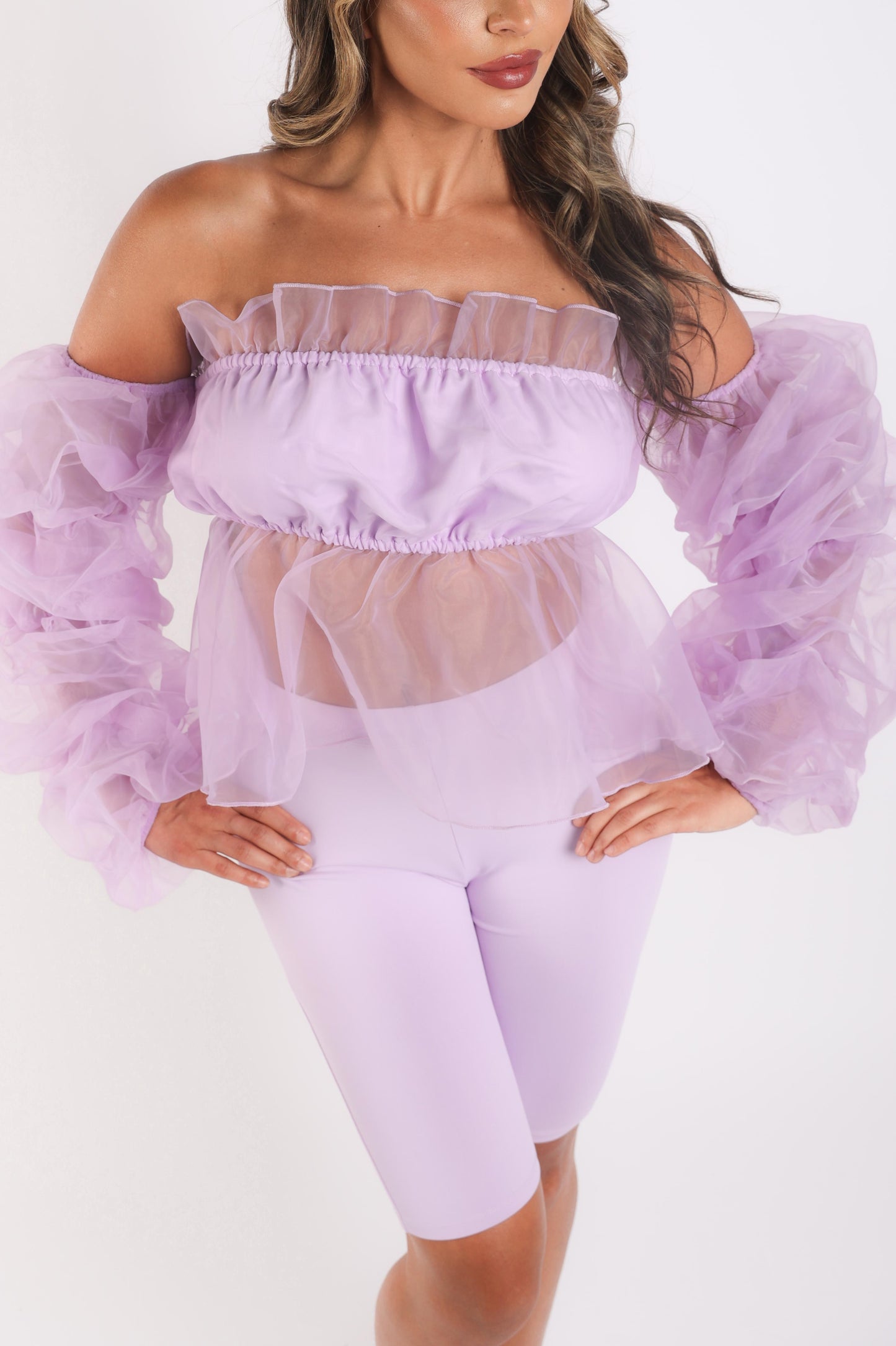 Sexy Organza Sleeve Detailed Top & Matching Shorts 2 Piece Set lavndr Puce Juniper