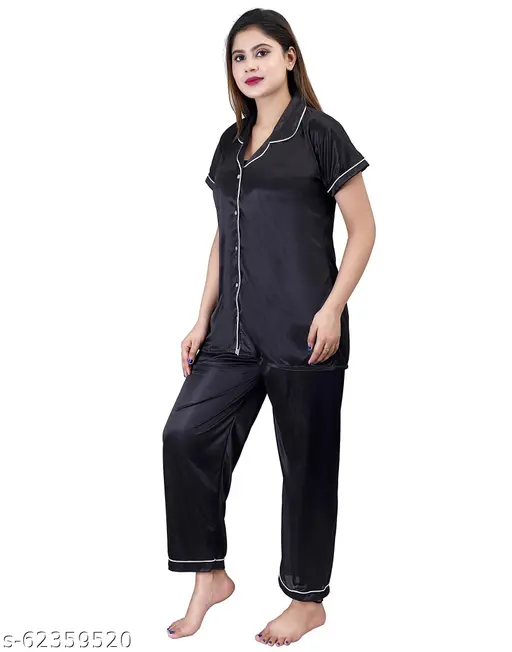 Comfortable Women's Night Suit Black Satin Lemon Beech