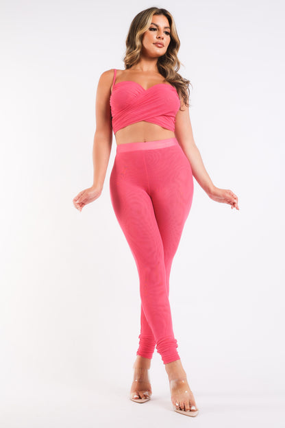 Mesh Contrast Sets Casual Sports Strappy Sleeve Top & Leggings FUCHSIA Puce Juniper