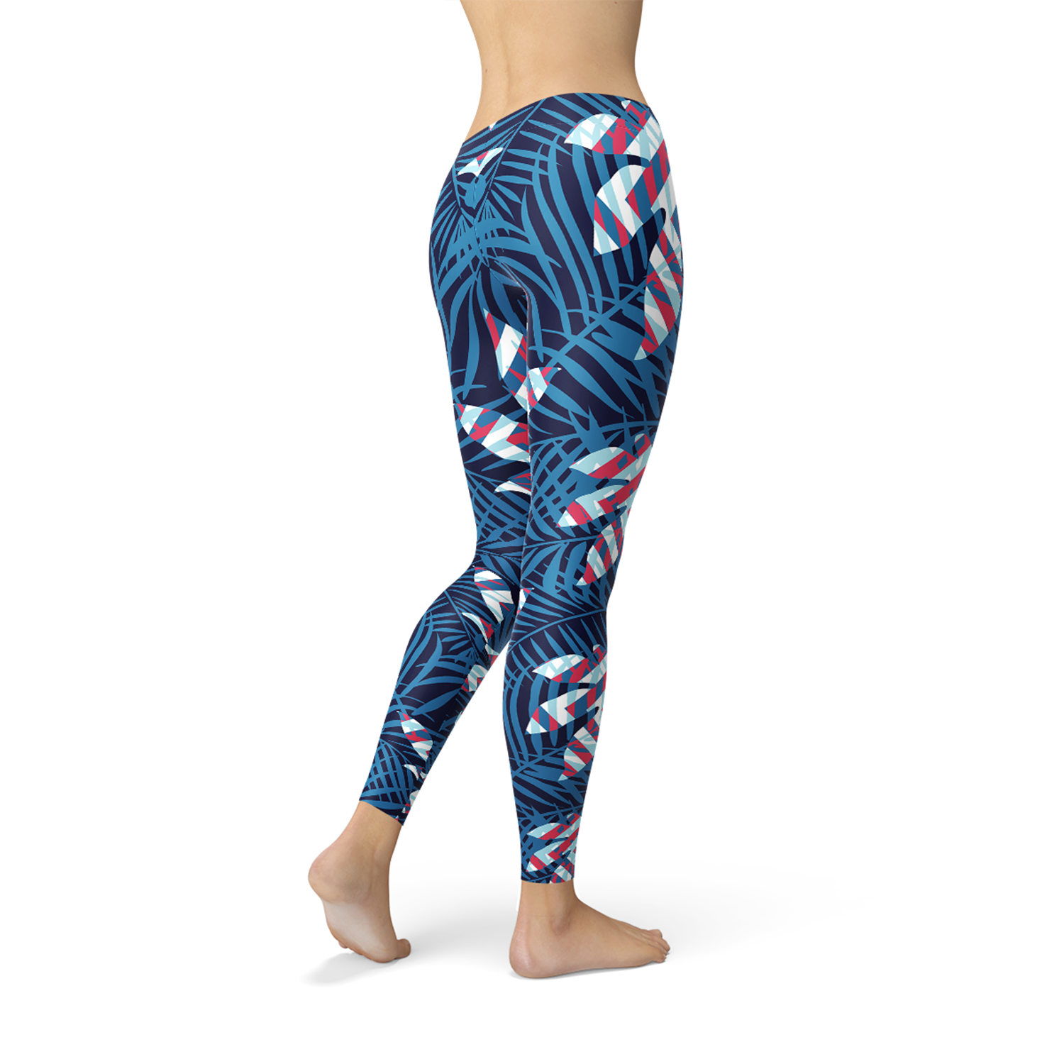 Blue Tropical Leaf Leggings for Women Maroon Sooty