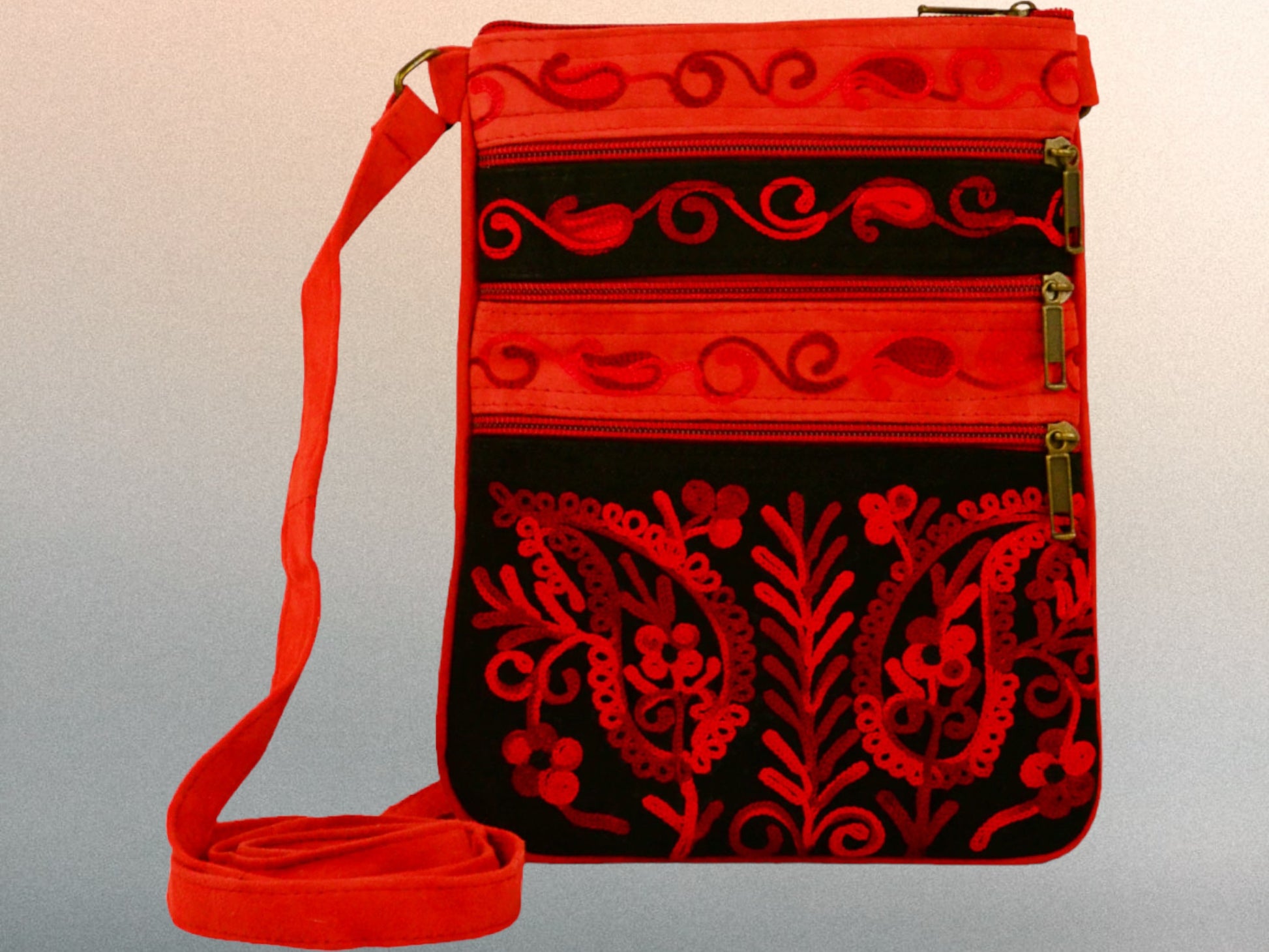 Suede Embroidered Black and Red Five Zipper Crossbody Bag Rose Poseidon