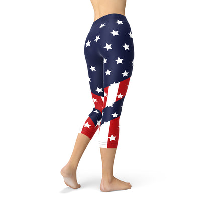 Womens American Flag Capri Leggings Maroon Sooty