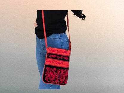 Suede Embroidered Black and Red Five Zipper Crossbody Bag Rose Poseidon