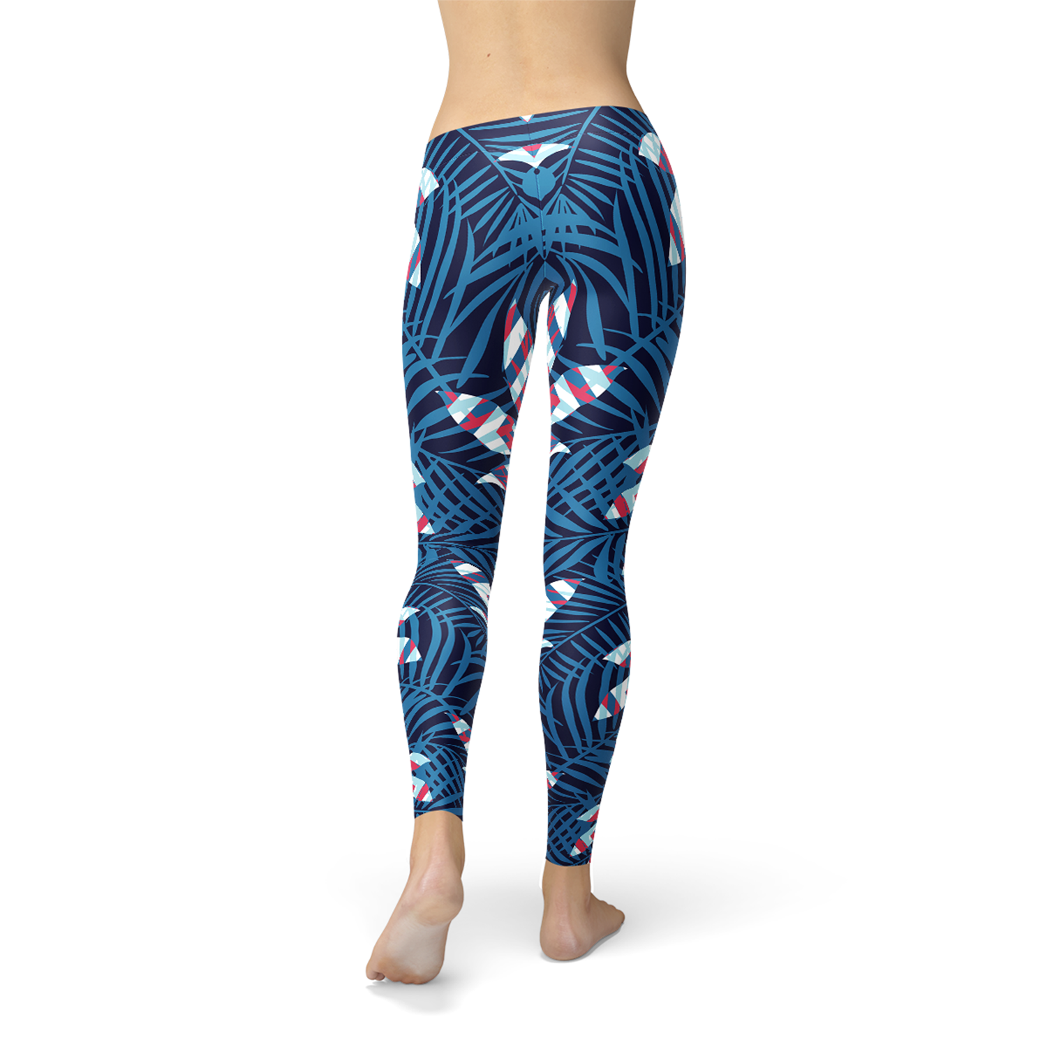 Blue Tropical Leaf Leggings for Women Maroon Sooty