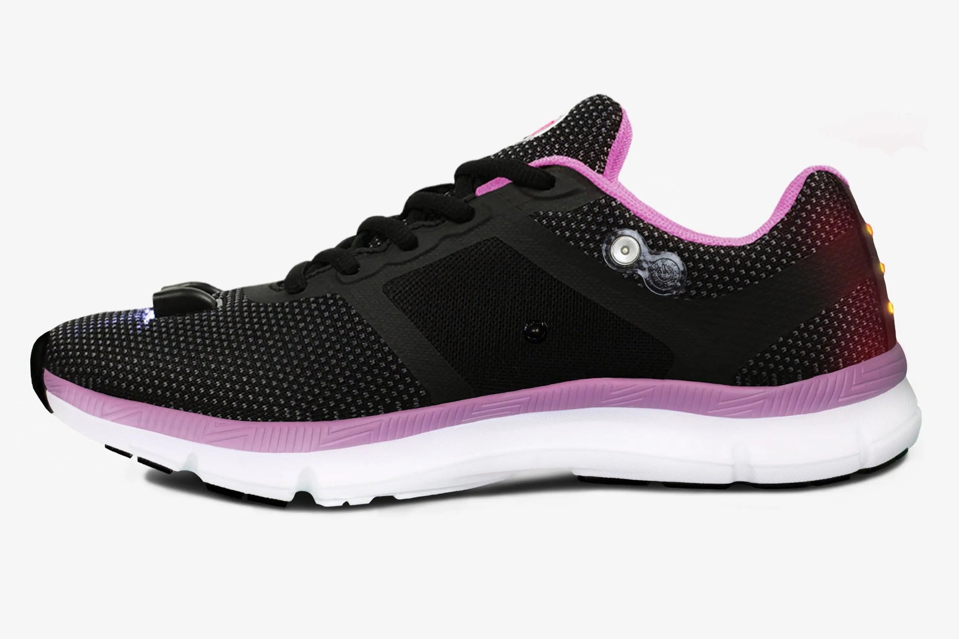 Women's Night Runner Shoes with built-in LED safety lights, black with purple accents, side view.