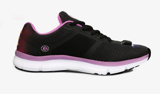 Women's night runner shoes with built-in safety lights, featuring breathable knit upper, padded insole, and HB3000® illumination system for visibility.