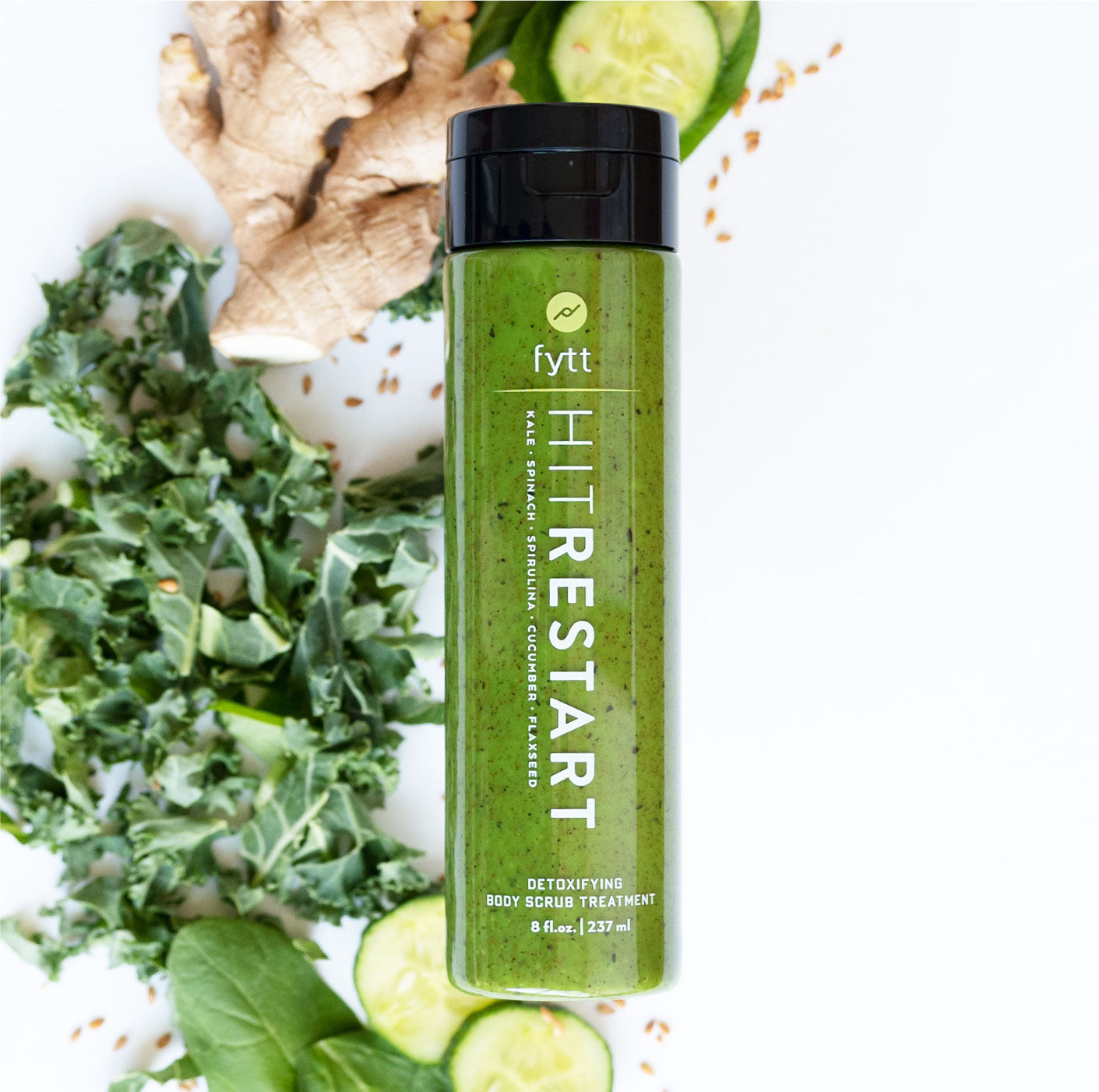 Detoxifying exfoliating mask with kale, spinach, and cucumber ingredients, featuring ginger root.