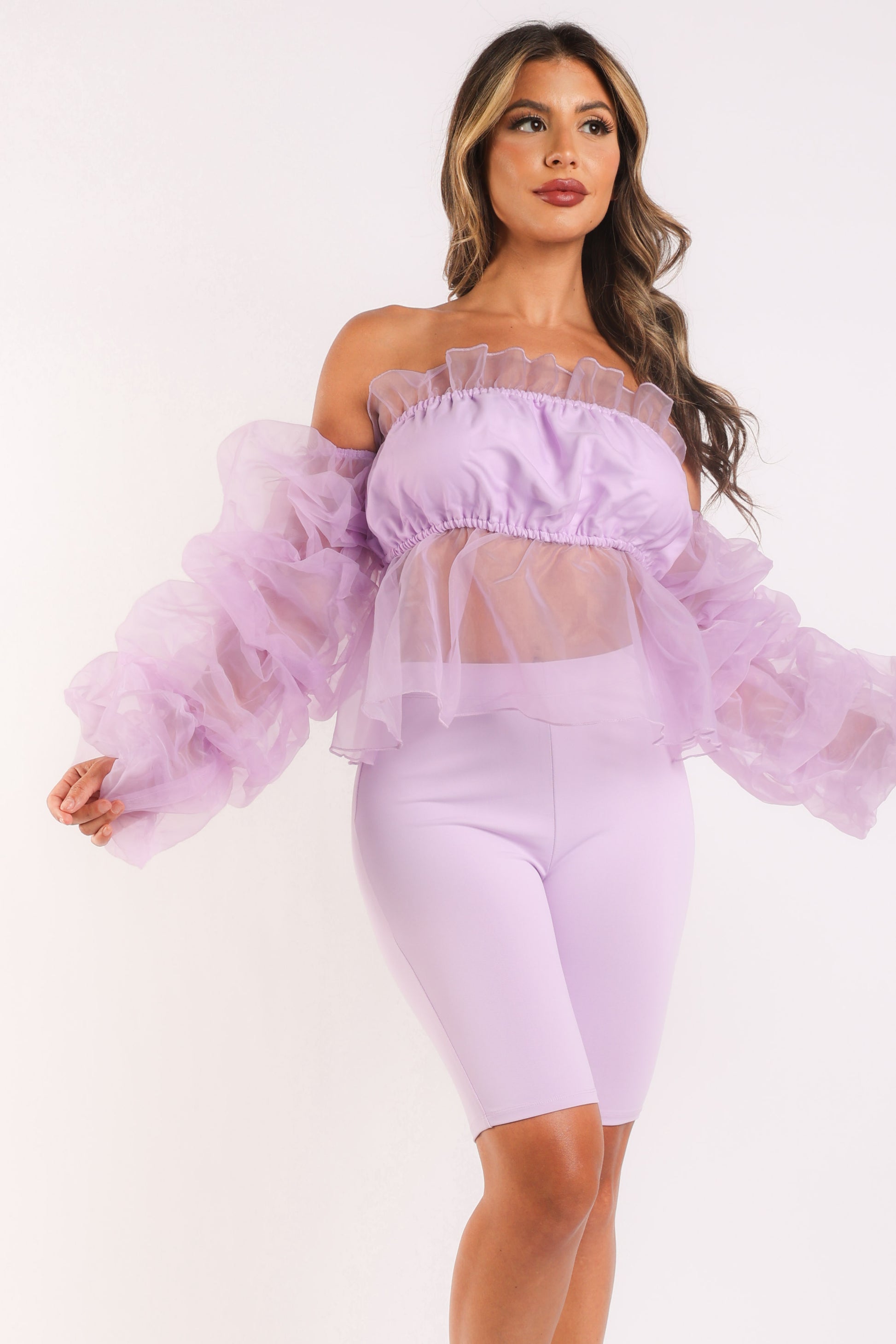 Sexy Organza Sleeve Detailed Top & Matching Shorts 2 Piece Set lavndr Puce Juniper