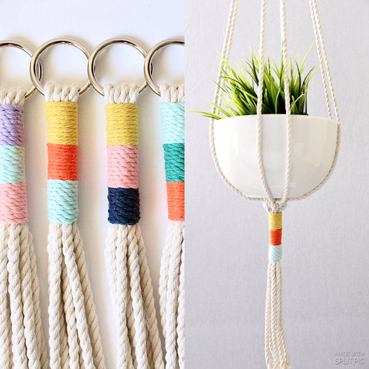 Macrame Plant Hanger, Hanging Planter, Color Block Silver Simba