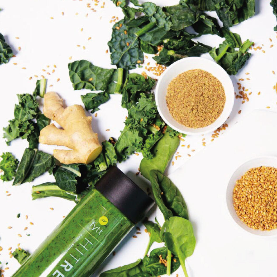 Detoxifying Exfoliating Mask with kale, ginger, and flaxseed ingredients displayed.