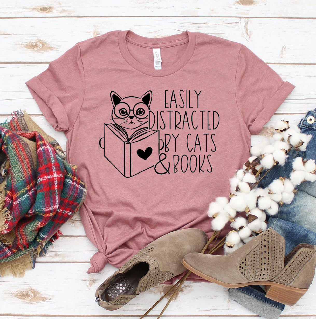 Easily Distracted By Cats & Books T-shirt Agate