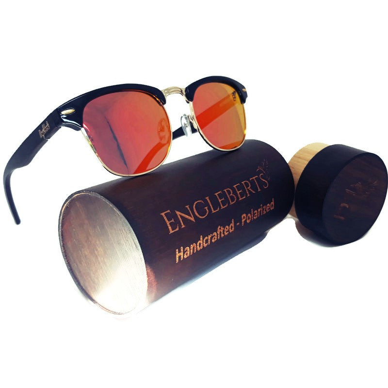 Sunset Polarized Sunglasses, Black Bamboo with Wood Case Purple Ariadne