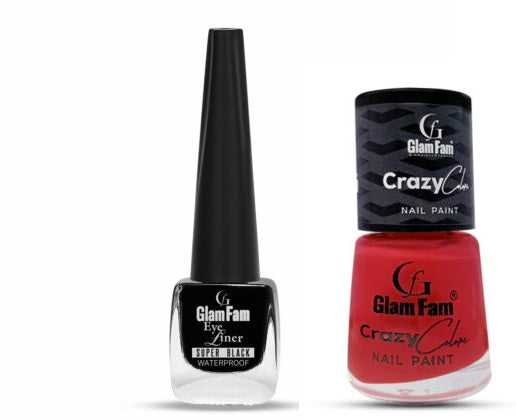 Glamfam Super Black Eyeliner & Crazy Color Nail Lacquare (Pack of 2) Apricot Max