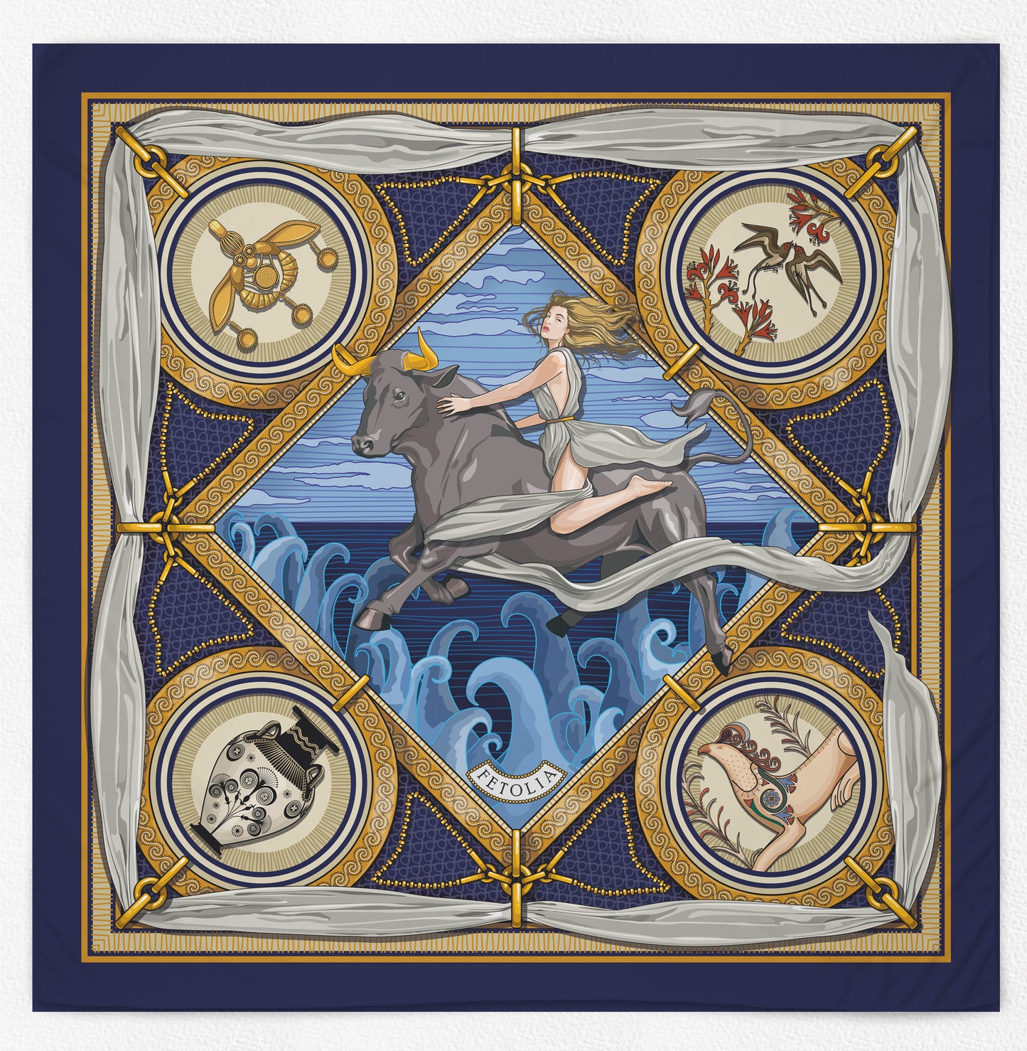 The Abduction of Europa - Blue - 100% Silk Scarf Copper Pear