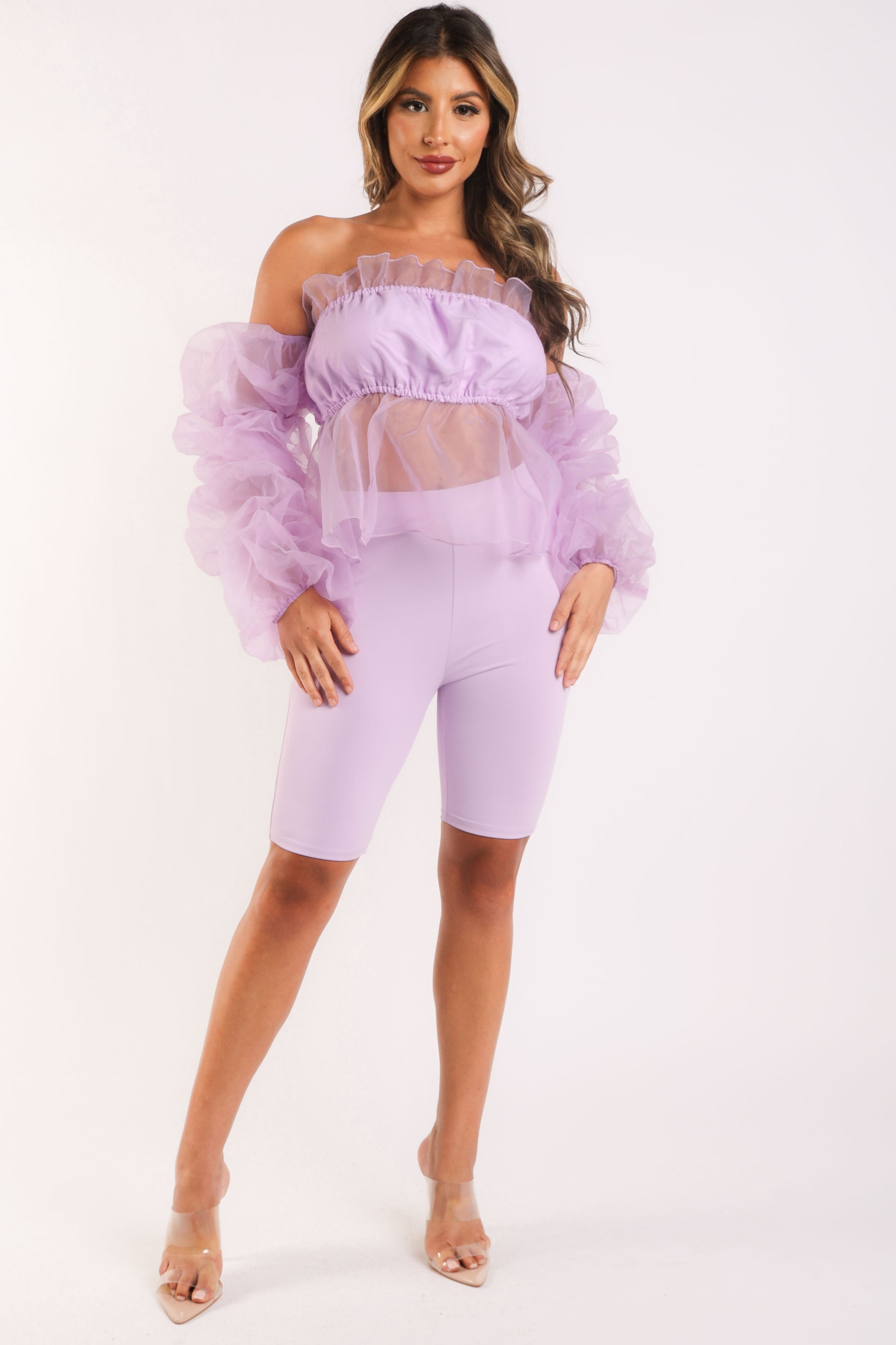 Sexy Organza Sleeve Detailed Top & Matching Shorts 2 Piece Set lavndr Puce Juniper