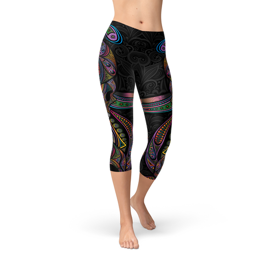 Womens Sugar Skull Capri Leggings Maroon Sooty