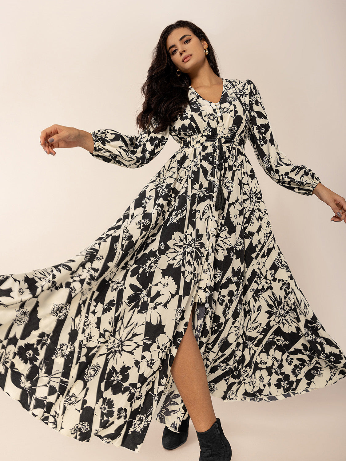 Tied Printed V-Neck Long Sleeve Midi Dress Trendsi