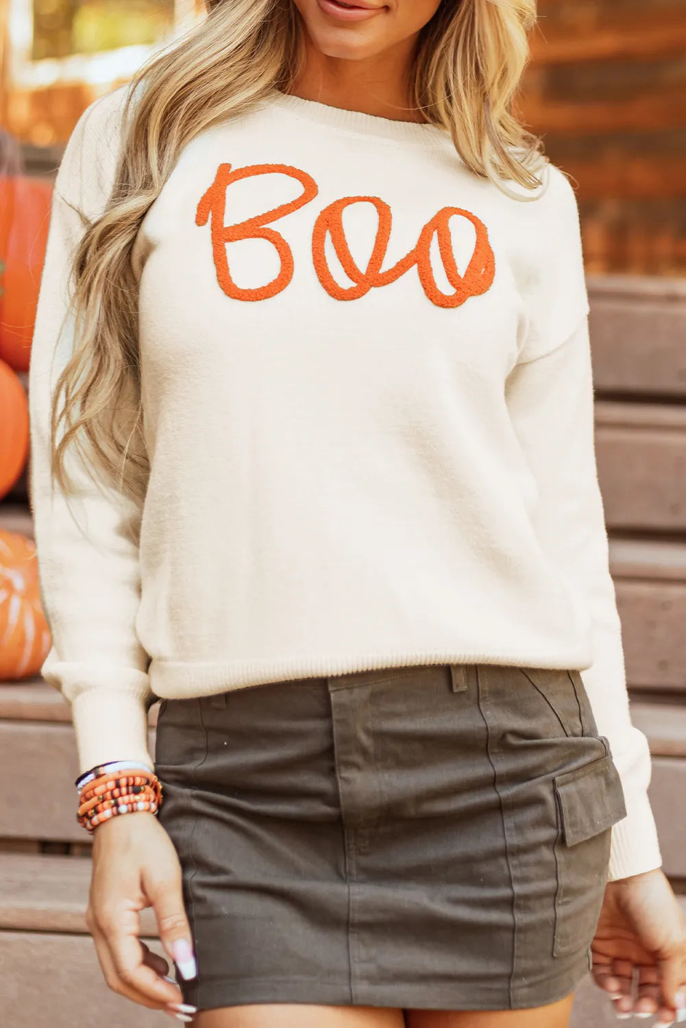 BOO Round Neck Long Sleeve Sweater Trendsi