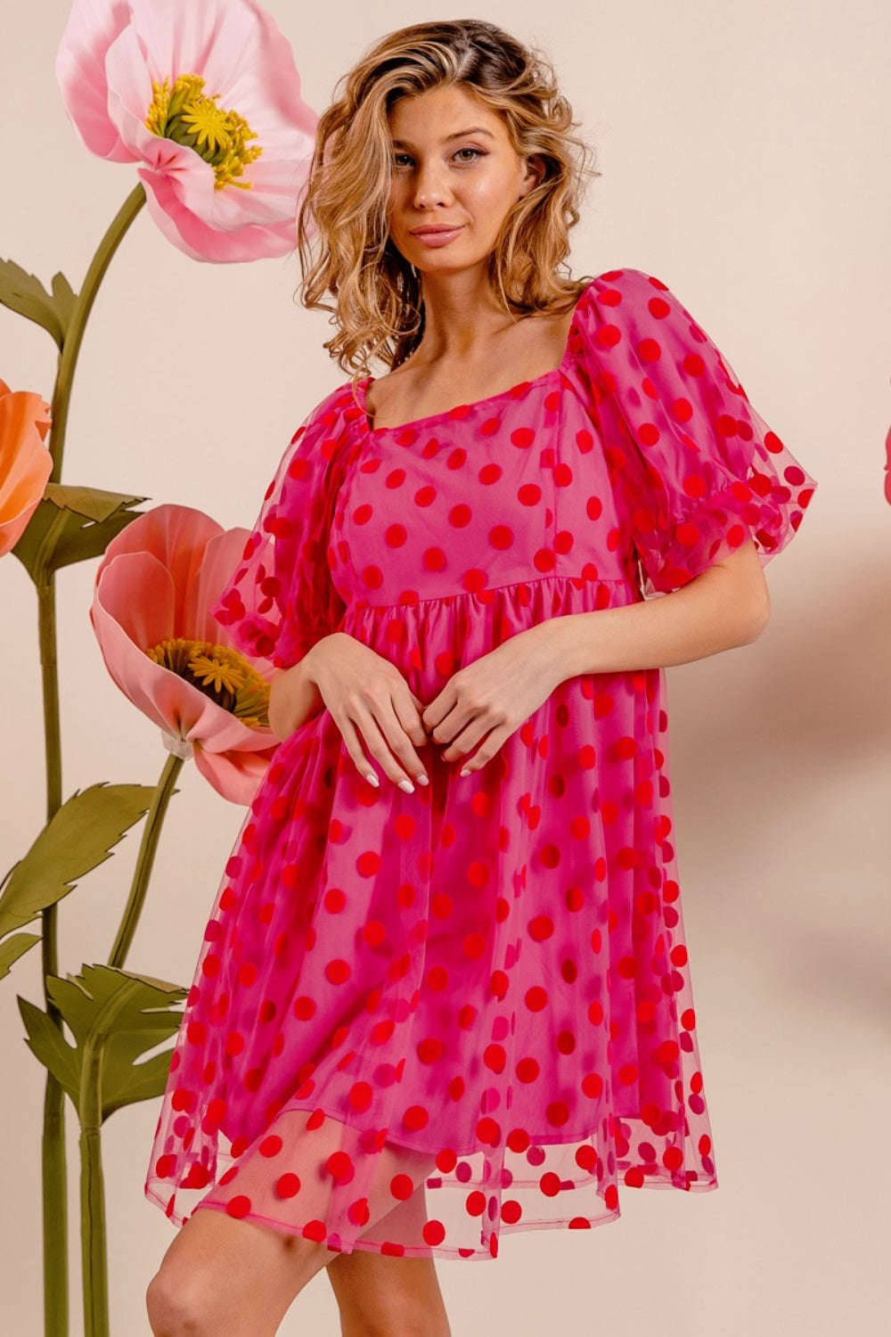 BiBi Polka Dot Mesh Puff Sleeve Dress Trendsi