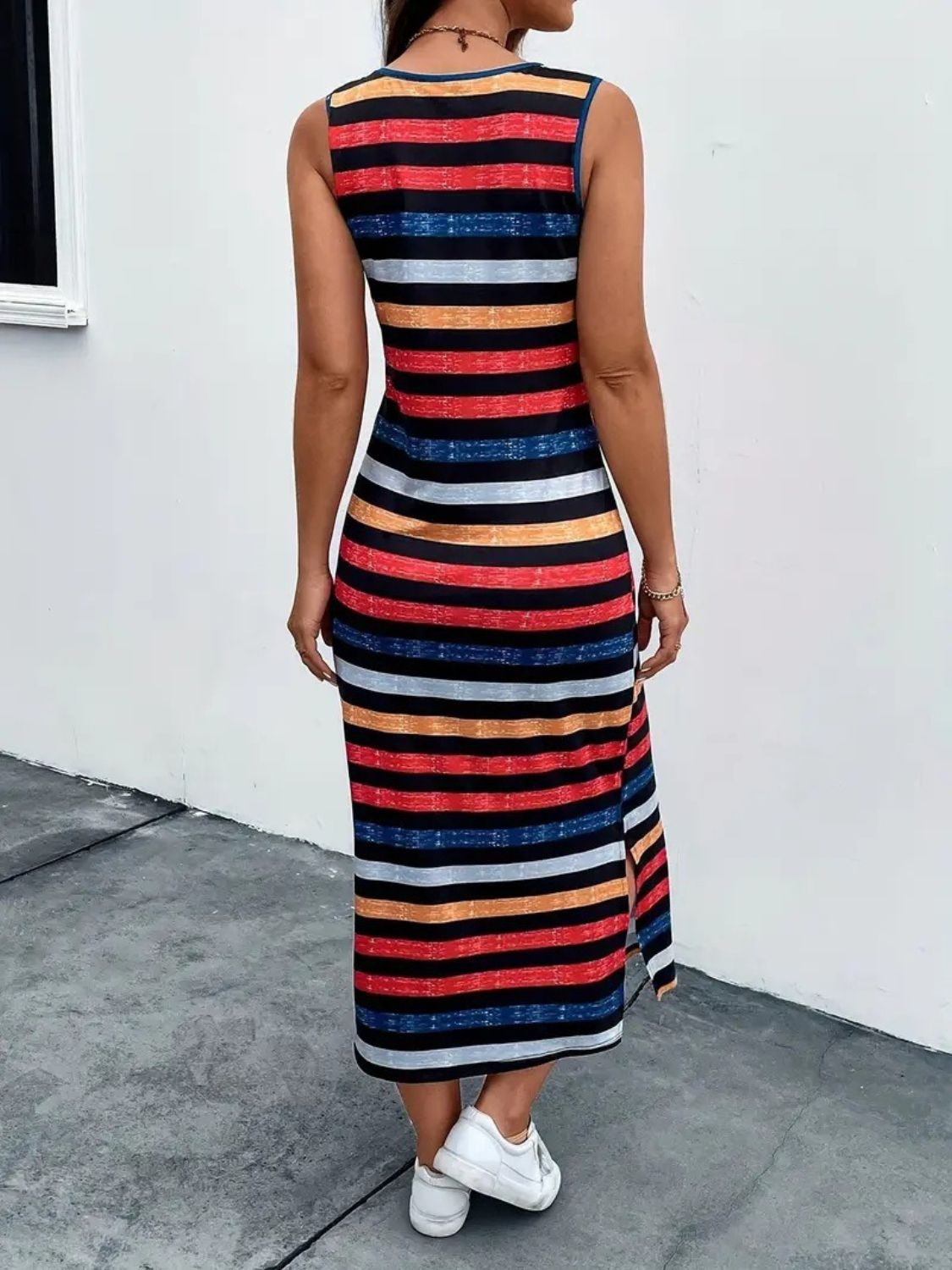 Slit Printed Round Neck Sleeveless Dress Trendsi