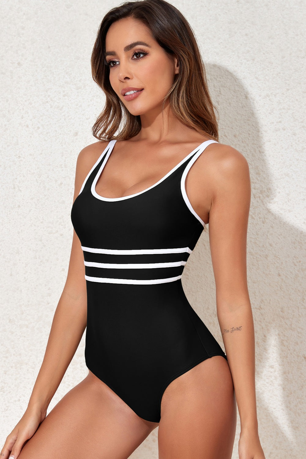 Contrast Trim Scoop Neck One-Piece Swimwear with removable padding, black with white trim.