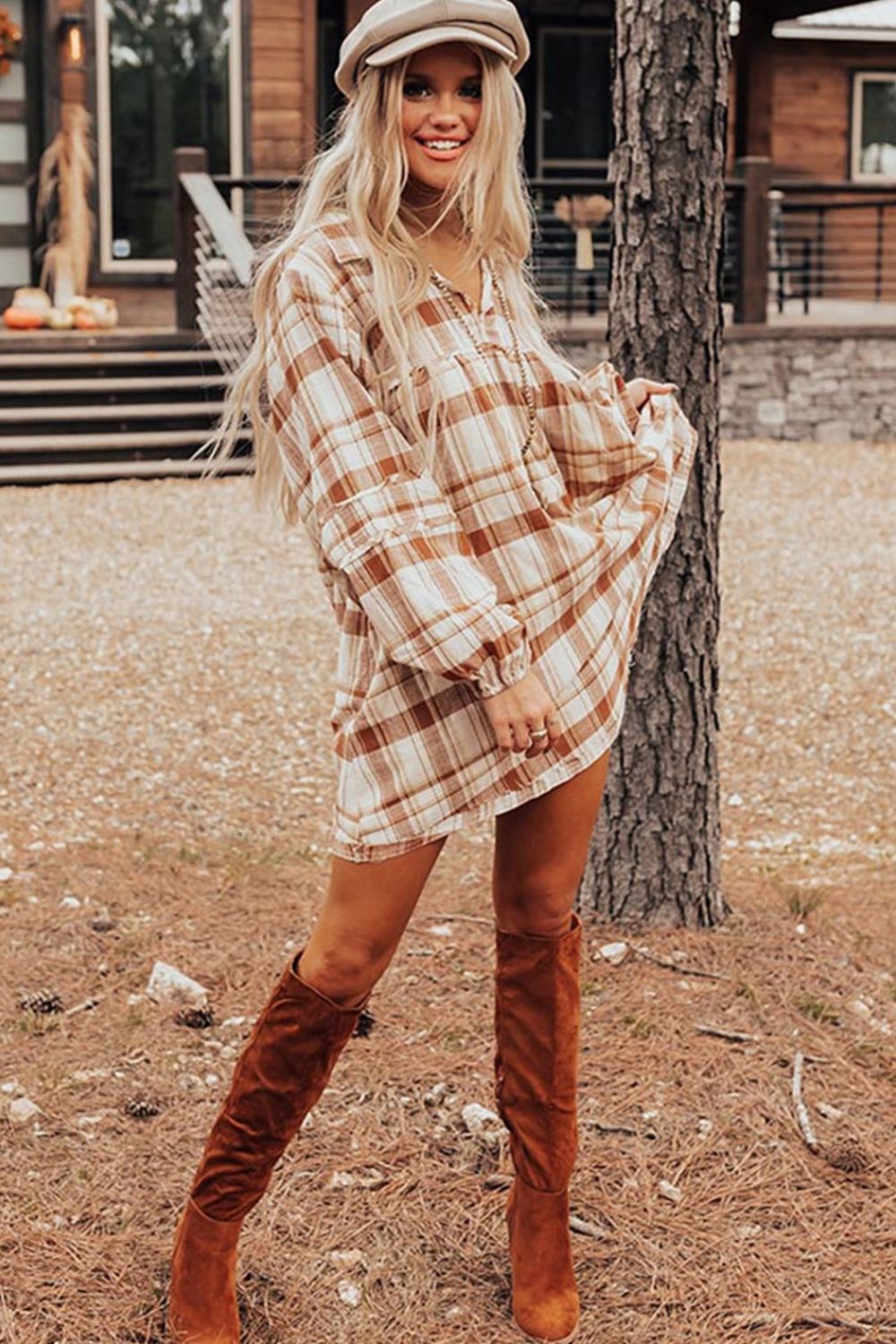 Plaid Collared Neck Long Sleeve Mini Shirt Dress Trendsi