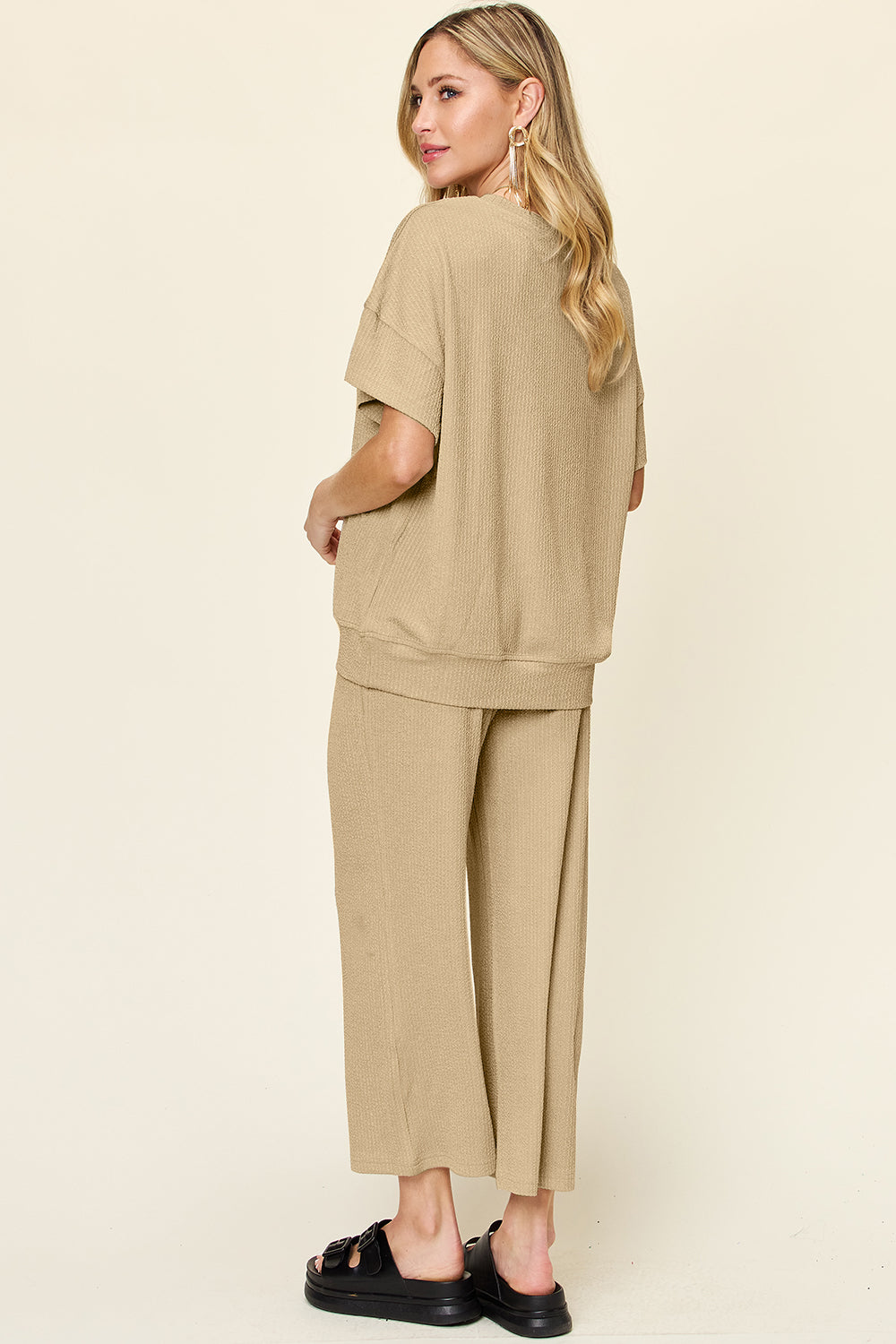 Double Take Full Size Texture Round Neck Short Sleeve T-Shirt and Wide Leg Pants Trendsi