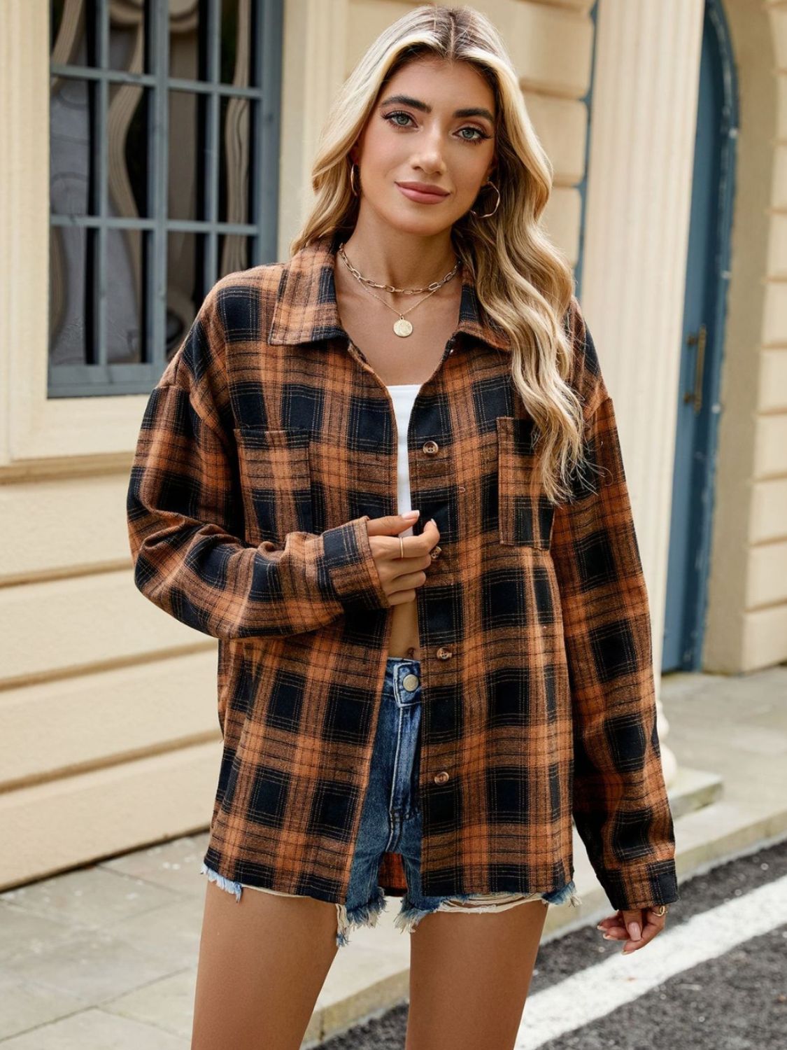 Plaid Collared Neck Long Sleeve Shirt Trendsi