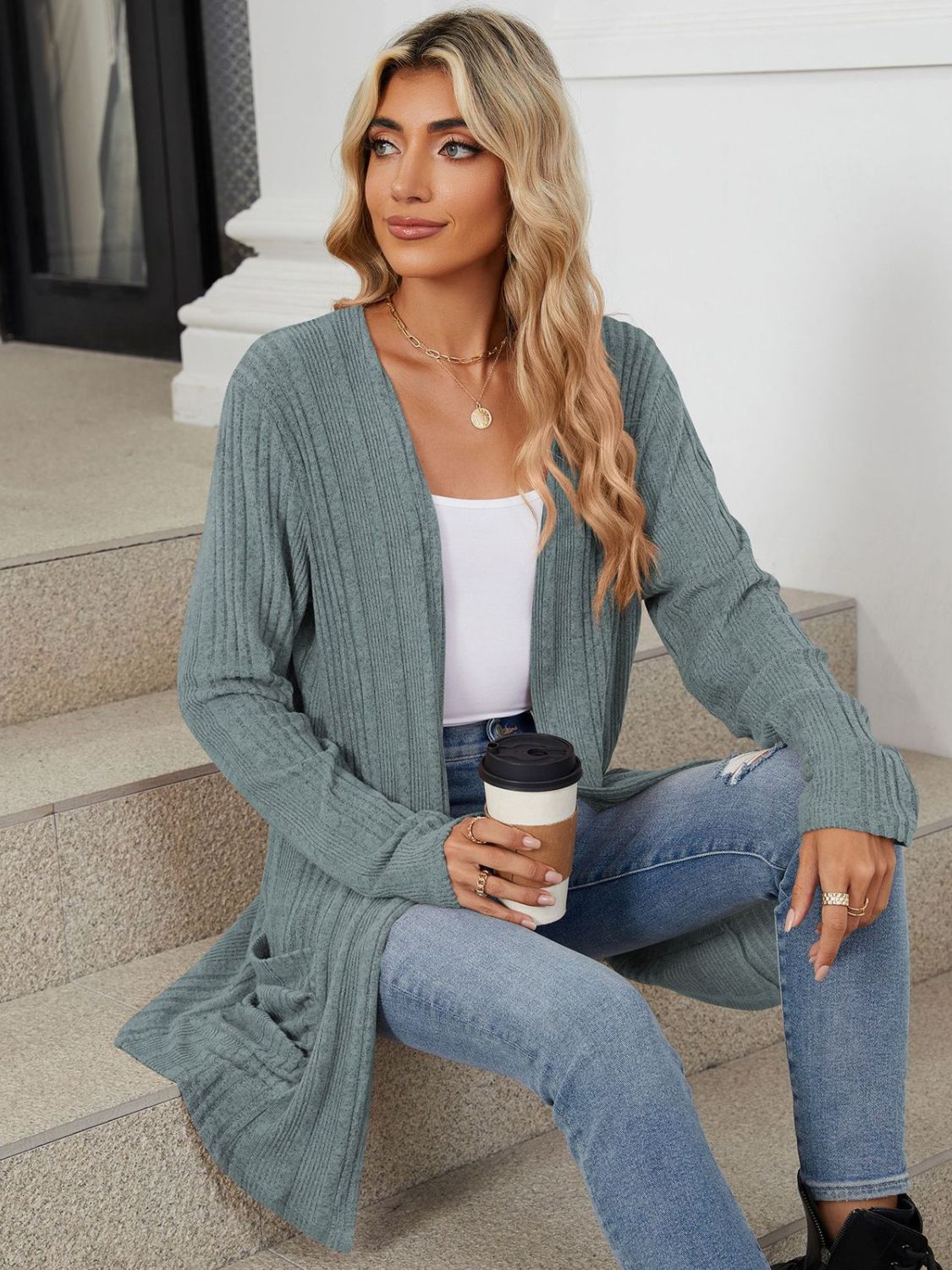 Pocketed Open Front Long Sleeve Cardigan Trendsi