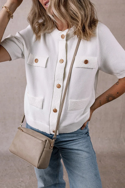 Button Up Round Neck Short Sleeve Knit Top Trendsi