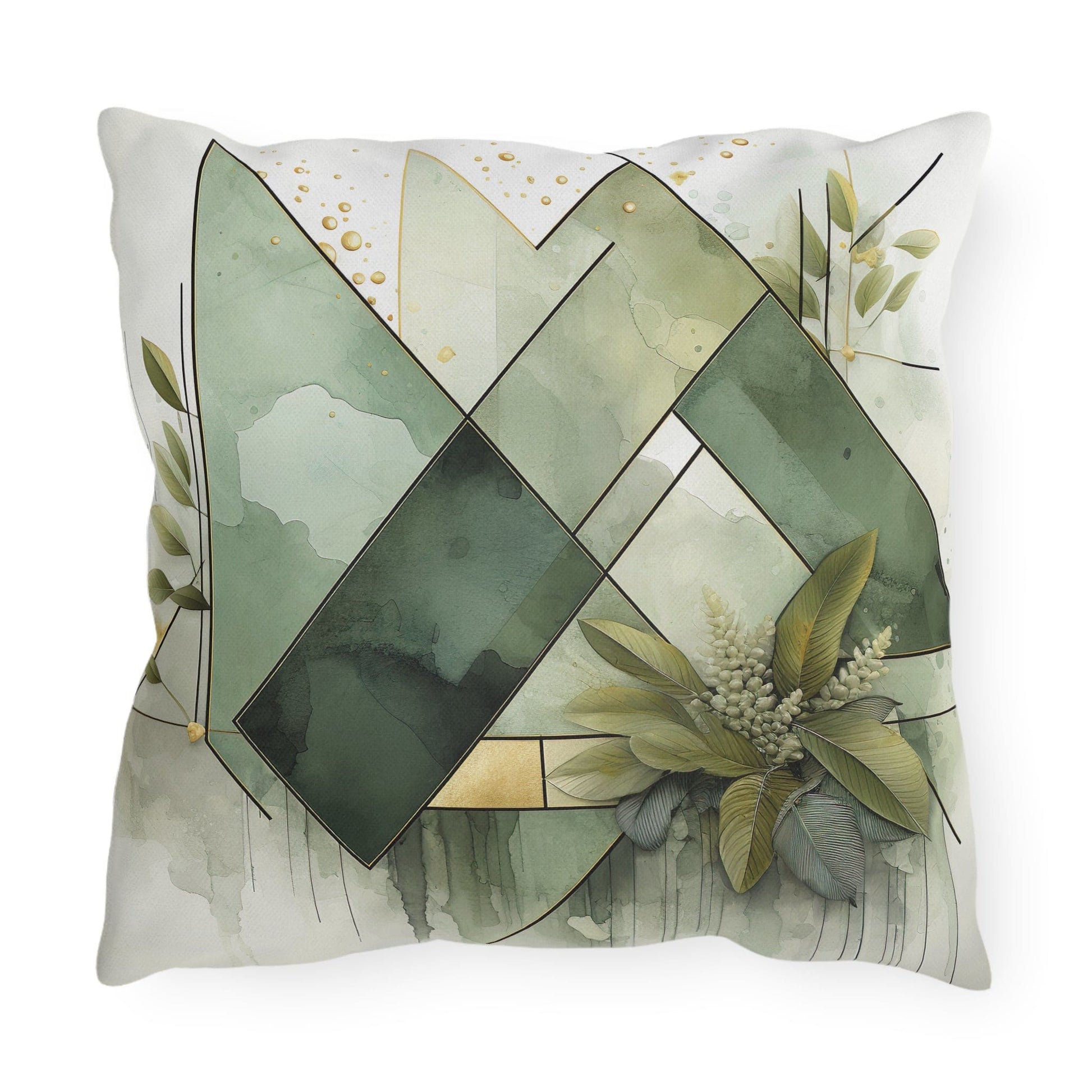 Decorative Indoor/outdoor Pillow, Olive Green Mint Leaf Geometric Grey Coco