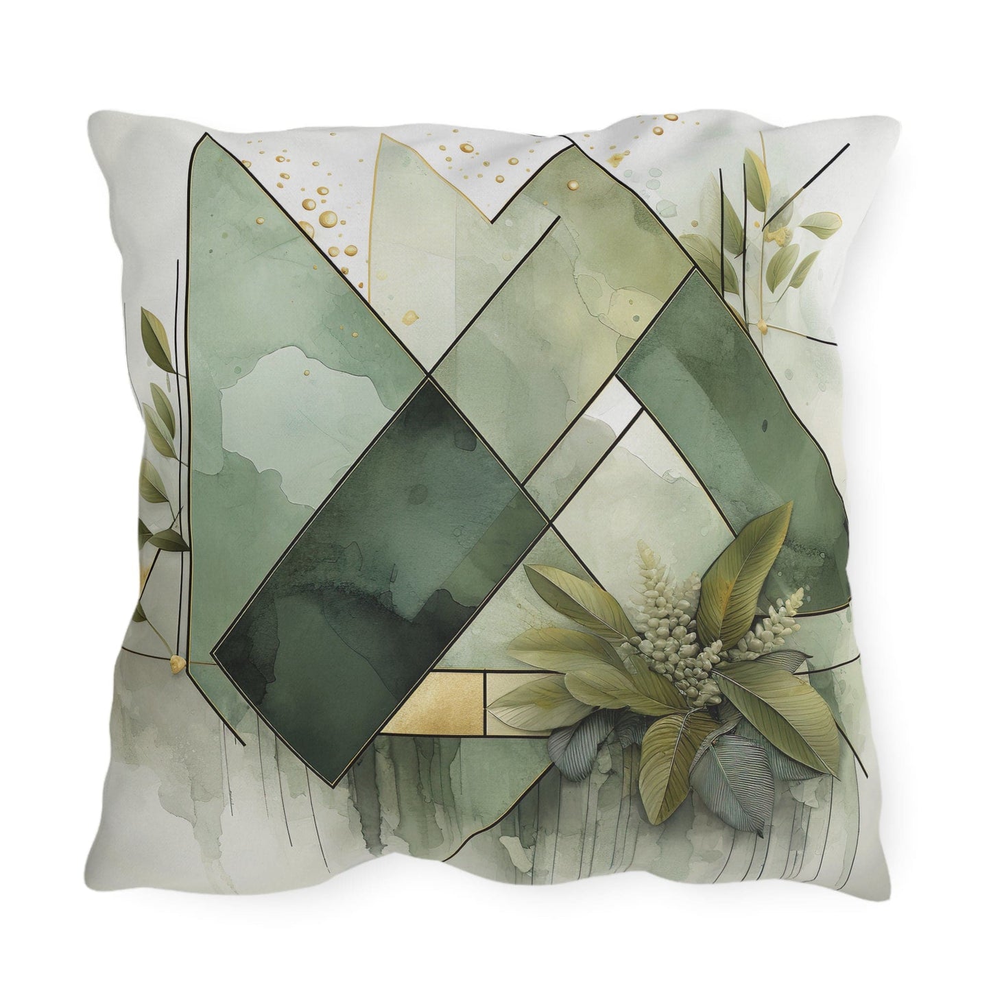 Decorative Indoor/outdoor Pillow, Olive Green Mint Leaf Geometric Grey Coco