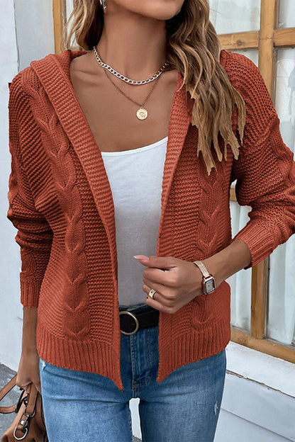 Cable-Knit Dropped Shoulder Hooded Cardigan in a stylish rust color with open front design, perfect for layering.