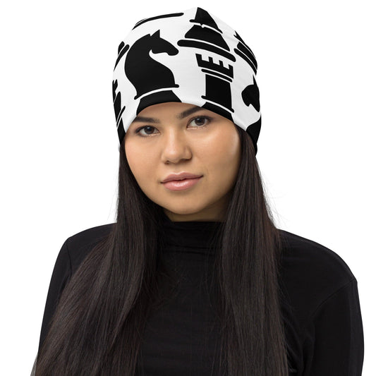 Double-layered Beanie Hat Black and White Chess Print Grey Coco