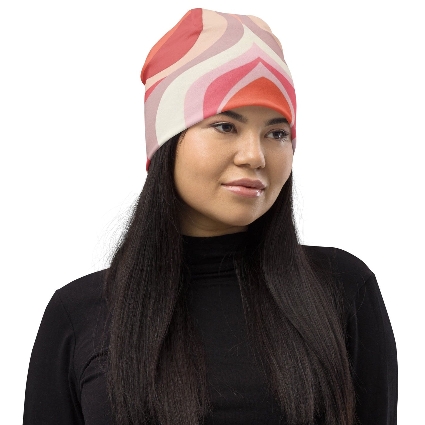 Double-layered Beanie Hat Pink White Boho Swirl Lines Grey Coco