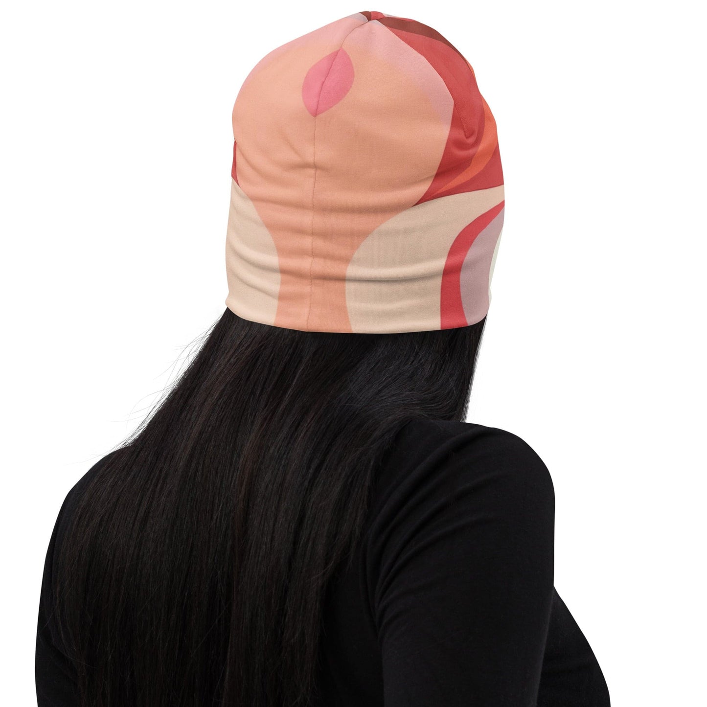 Double-layered Beanie Hat Pink White Boho Swirl Lines Grey Coco