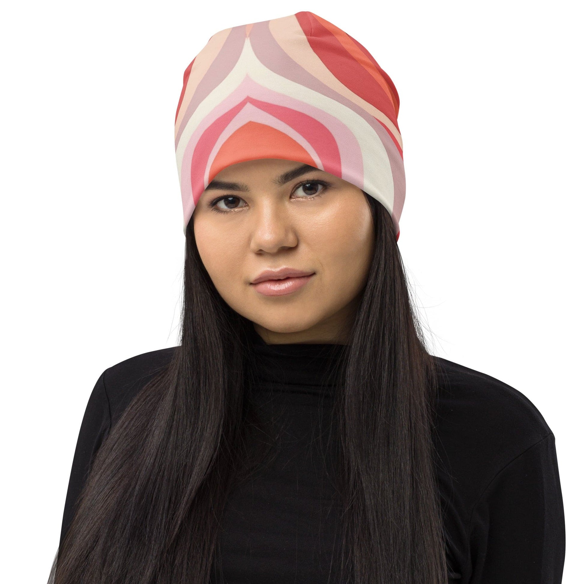 Double-layered Beanie Hat Pink White Boho Swirl Lines Grey Coco