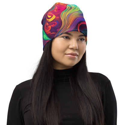 Double-layered Beanie Hat Vibrant Psychedelic Kaleidoscope Boho 7 Grey Coco