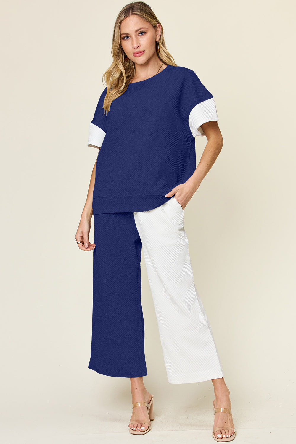 Double Take Full Size Texture Contrast T-Shirt and Wide Leg Pants Set Trendsi