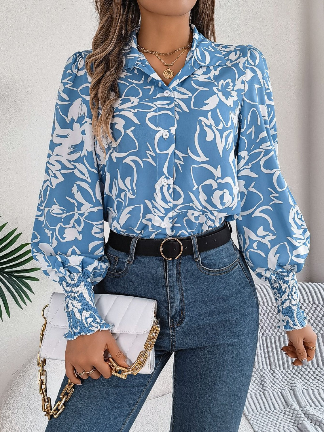 Printed Collared Neck Lantern Sleeve Shirt Trendsi