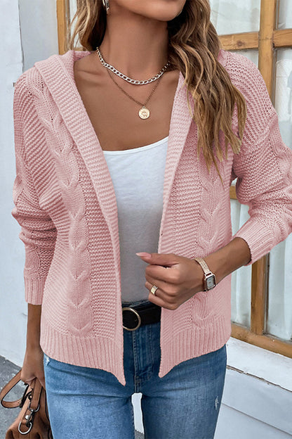 Cable-Knit Dropped Shoulder Hooded Cardigan in pink, featuring a relaxed fit with open-front design and long sleeves.