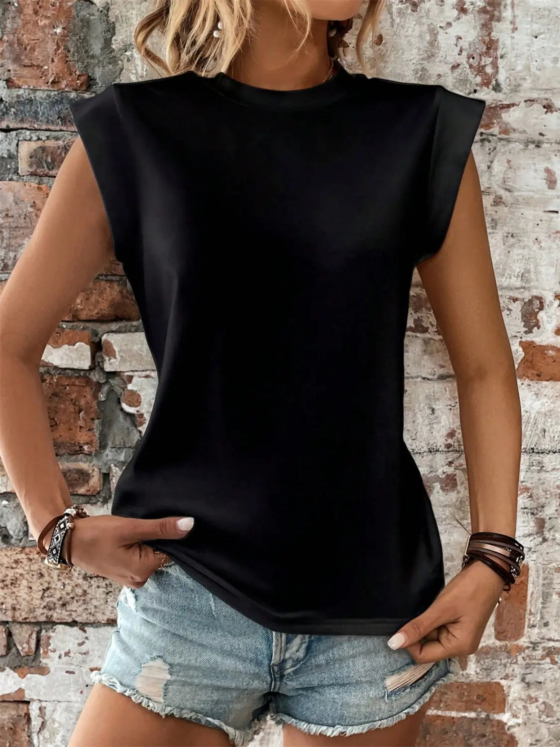 Round Neck Cap Sleeve Blouse Trendsi